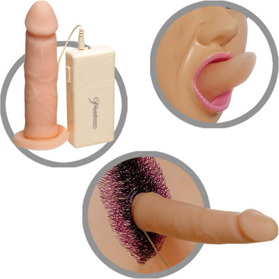 Close up images of realistic dildo, vibrating tongue and remote control