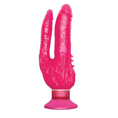 Pink double penetration vibrator with suction cup base