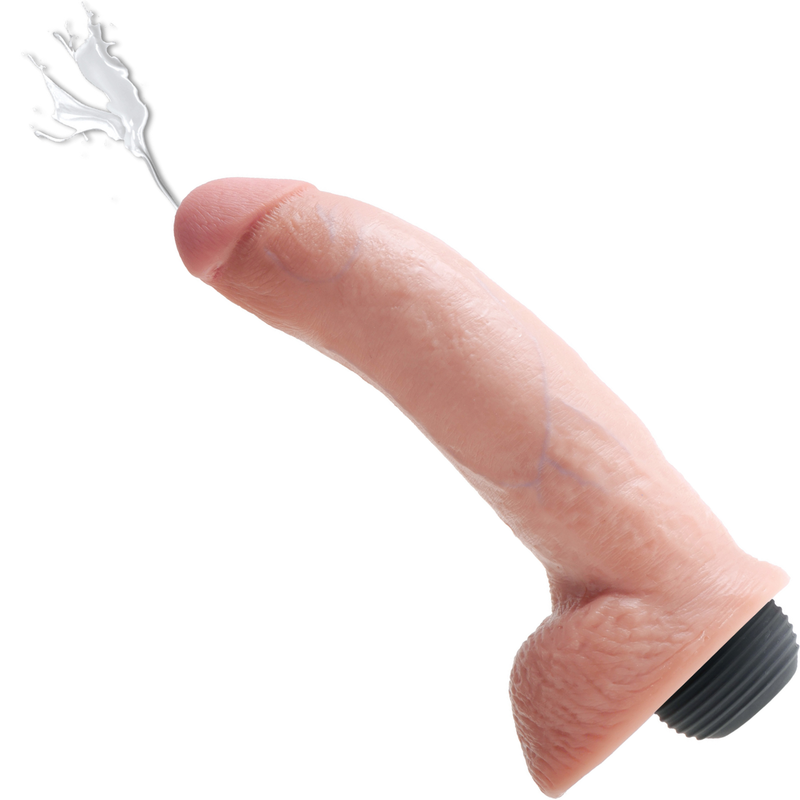 Realistic 9 inch long dildo shown with liquid squirting out of the tip
