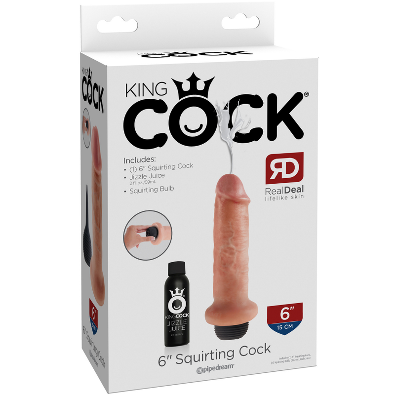 Image of the packaging of the squirting dildo. This Pipe Dream King Cock dildo is perfect for realistic pleasure and can be used during both foreplay or masturbation to spice things up! Check out this squirting dong today!