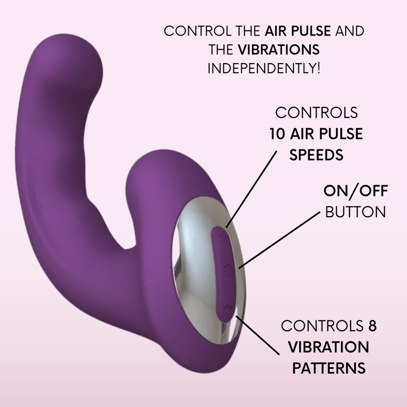 Control the air pulse and vibrations independently! Controls 10 air pulse speeds. On and off button. Controls 8 vibration patterns!