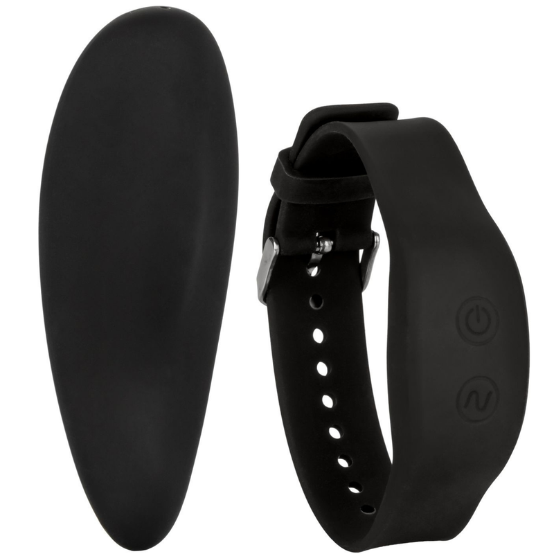 Image of the wristband and the wireless remote that controls the vibrating panties. Use these panties on yourself or your partner and experience intense pleasure! Spice things up tonight as you explore these vibrating boxers!