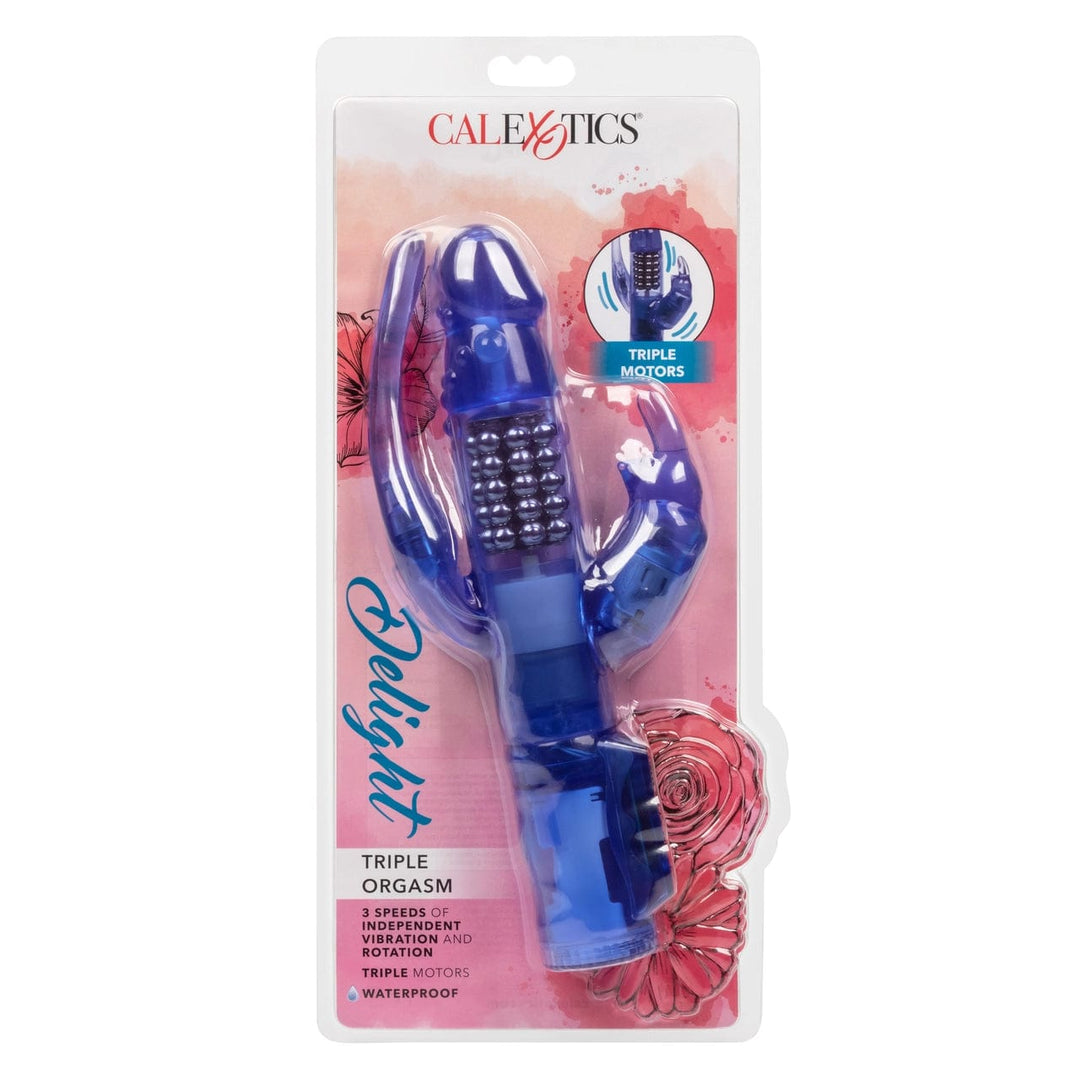 Image of the packaging for the CalExotics Delight Triple Orgasm Rotating Rabbit Vibrator. Text reads Calexotics Delight Triple Orgasm, 3 speeds of independent vibration and rotation, triple motors, waterproof.