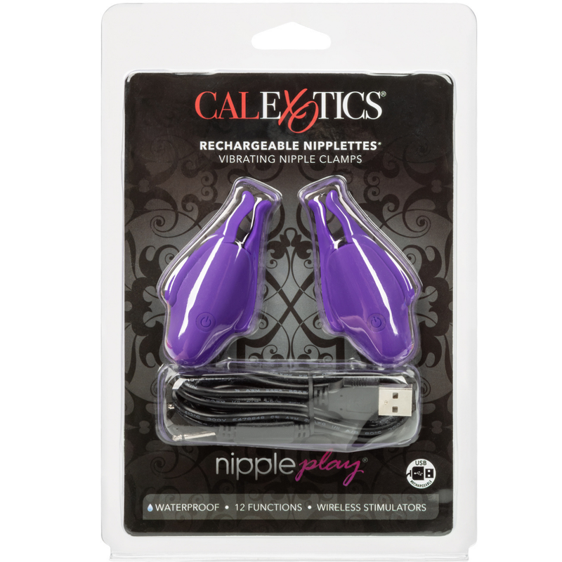 Image of the packaging of the rechargeable nippe clamps. These wireless stimulators are great for beginner or experienced nipple play users! Spice things up tonight with these powerful clamps!