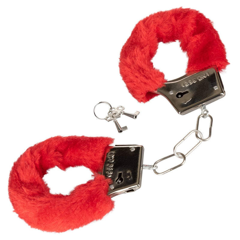Image of the Playful Furry Cuffs including two lock keys and safety release latch.