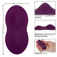 Image of the Lust Remote Control Dual Rider Hands-Free Sit On Vibrator showing measurements and key features. Product measures 4.5 inches wide by 9.5 inches long. Text reads comfortable and perfect for grinding, dual motors with 12 independent functions of vibration, easy to use remote.