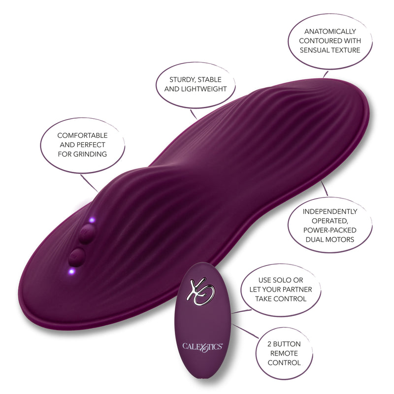 Image of the Lust Remote Control Dual Rider Hands-Free Sit On Vibrator showing product features. Text reads comfortable and perfect for grinding, sturdy, stable and lightweight, anatomically contoured with sensual texture, independently operated, power-packed dual motors, use solo or let your partner take control, 2 button remote control.
