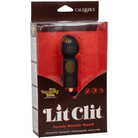 Image of the product packaging of the mini wand massager. Packaging reads - Naughty Bits. Lit Clit. Teenie Weenie Wand.