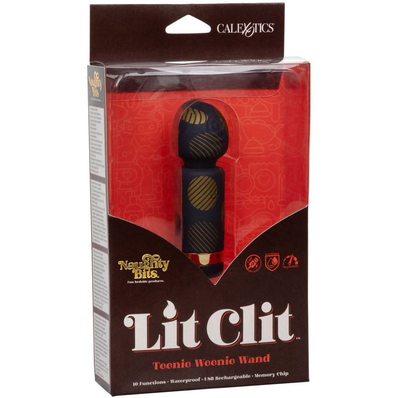 Image of the product packaging of the mini wand massager. Packaging reads - Naughty Bits. Lit Clit. Teenie Weenie Wand.