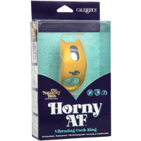 Image of the product packaging of the cokc ring. Packaging reads - Naughty Bits. Horny AF. Vibrating cock ring. 10 functions. Waterproof, USB rechargeable, stretchy and comfortable.