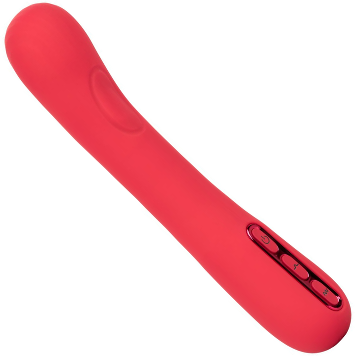 Image of the side of the vibrator. This luxury G-spot vibe offers thumping and throbbing technology that easily stimulates you internally for intense pleasure! Use during masturbation or foreplay to increase sexual arousal and stimulate your G-spot!