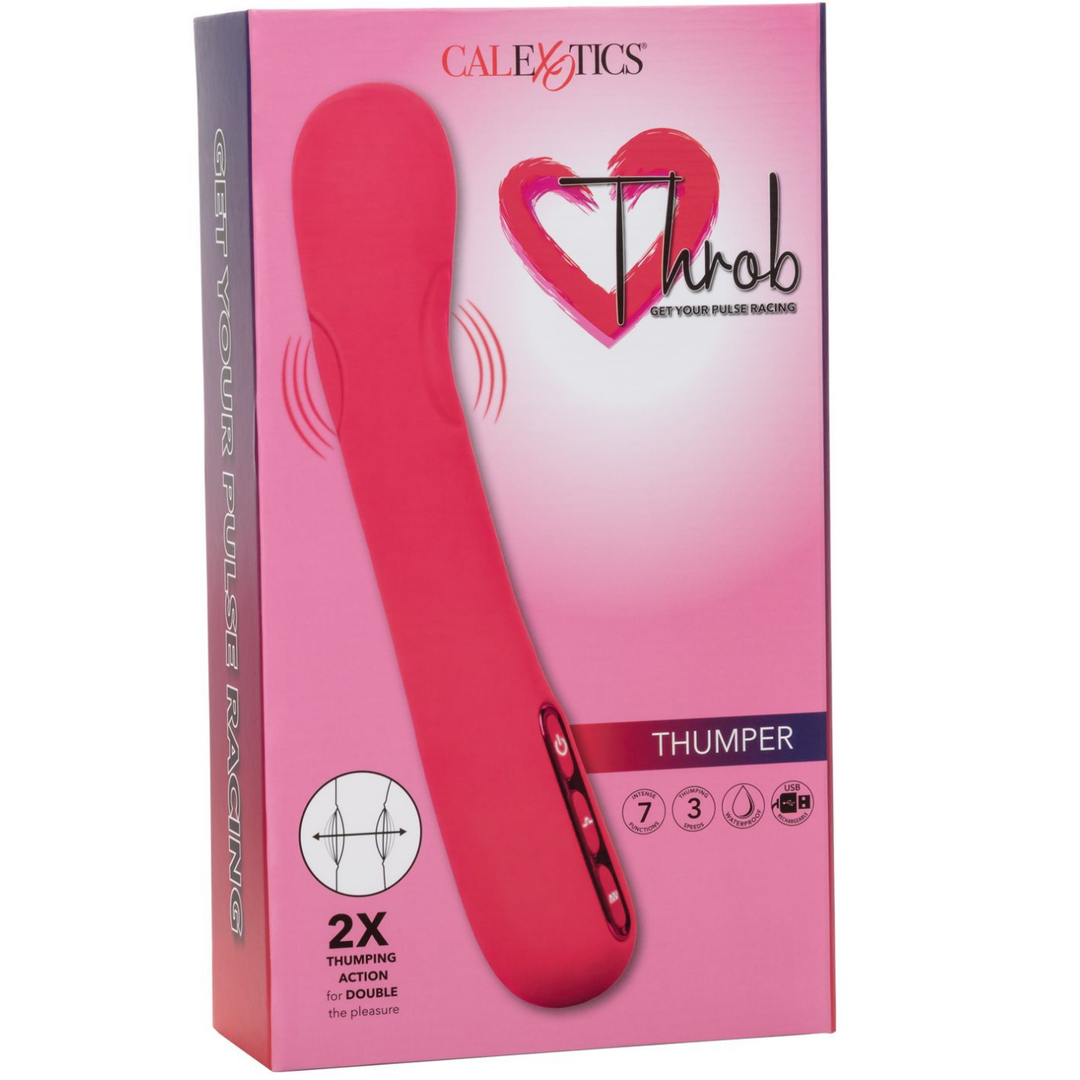 Image of the packaging of the vibrator. This thumper features double the thumping action for double the pleasure! Increase your sexual arousal and stimulate yourself internally with this luxury vibe tonight!
