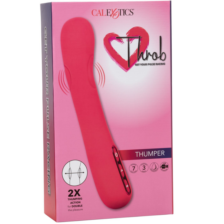 Image of the packaging of the vibrator. This thumper features double the thumping action for double the pleasure! Increase your sexual arousal and stimulate yourself internally with this luxury vibe tonight!