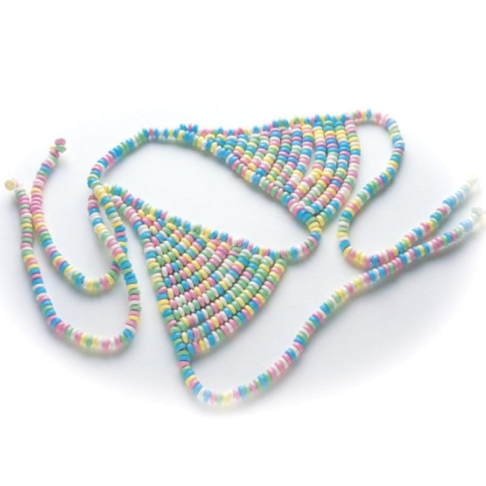 Image of the Sweet & Sexy Candy Bra Edible Lingerie. This edible bra is made of strands of multicolored flavored candy beads that your lover can eat!