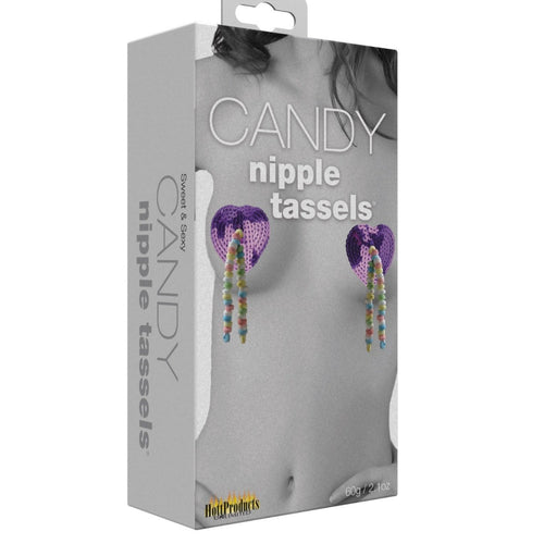Image of the packaging for the Candy Nipple Tassels Edible Beaded Nipple Pasties. Text reads Candy nipple tassels, sweet and sexy, Hott Products, 60g/2.1 oz.