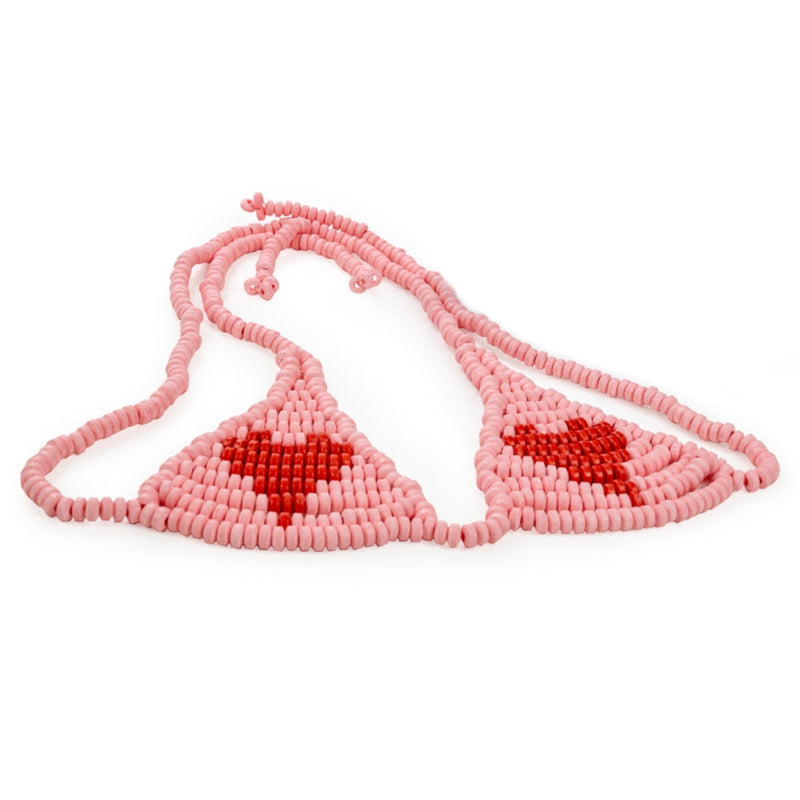 Image of the Lovers Candy Bra Edible Lingerie. This edible wear is made of flavored candy beads and has a romantic heart shaped pattern.