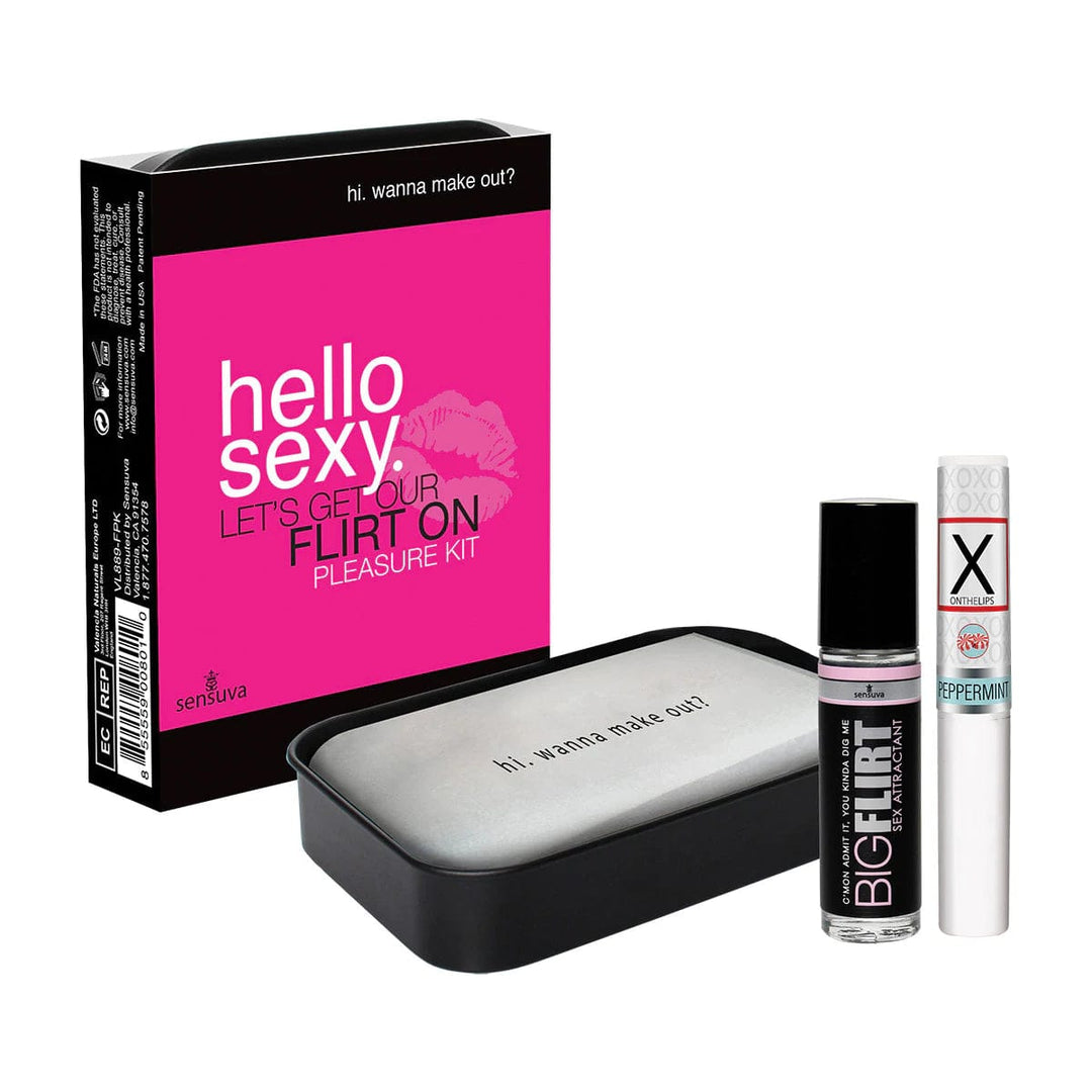 Image of the Hello Sexy Let's Get Our Flirt On Tingling Pleasure Kit. This foreplay enhancing kit for couples includes a sexy kissing guide, tingling lip balm, and roll on pheromone infused sex attractant perfume.