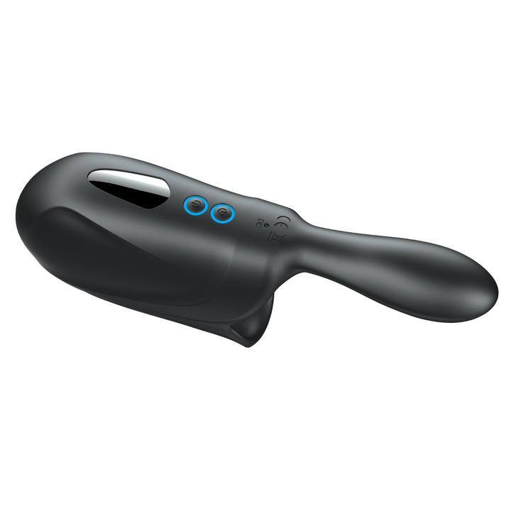 vibrating textured male masturbator bottom facing up showing controls and charging port
