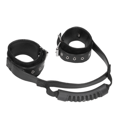 Image displays leather handcuffs with handle.