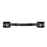Image displays leather handscuffs with handle stretched out to show the length.