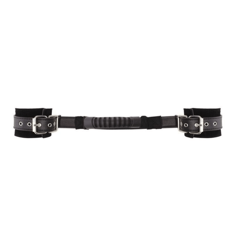 Image displays leather handscuffs with handle stretched out to show the length.