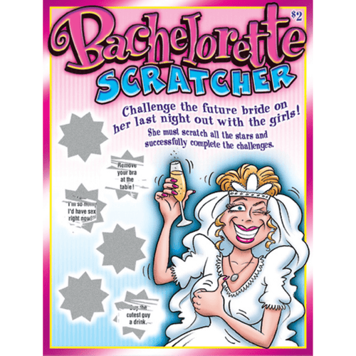 Image displays a bachelorette scratcher with some challenges scratched off.