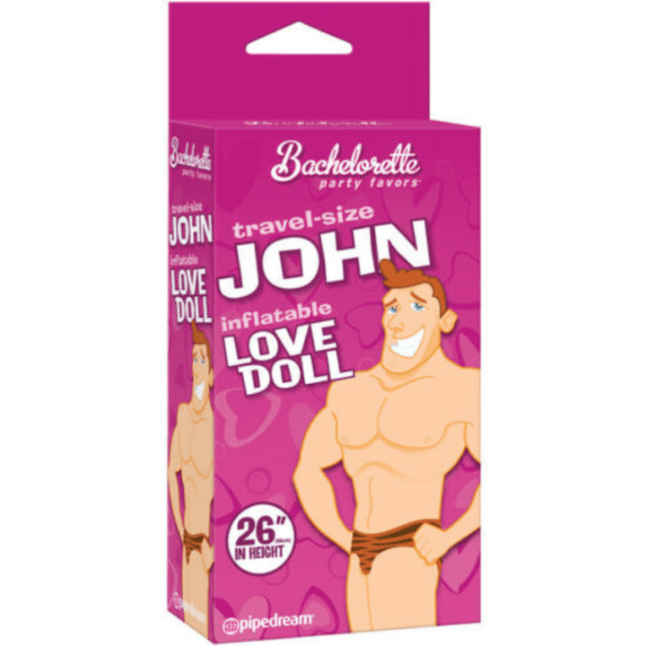 Image displays travel size john blow up doll in manufacturers  packaging. 
