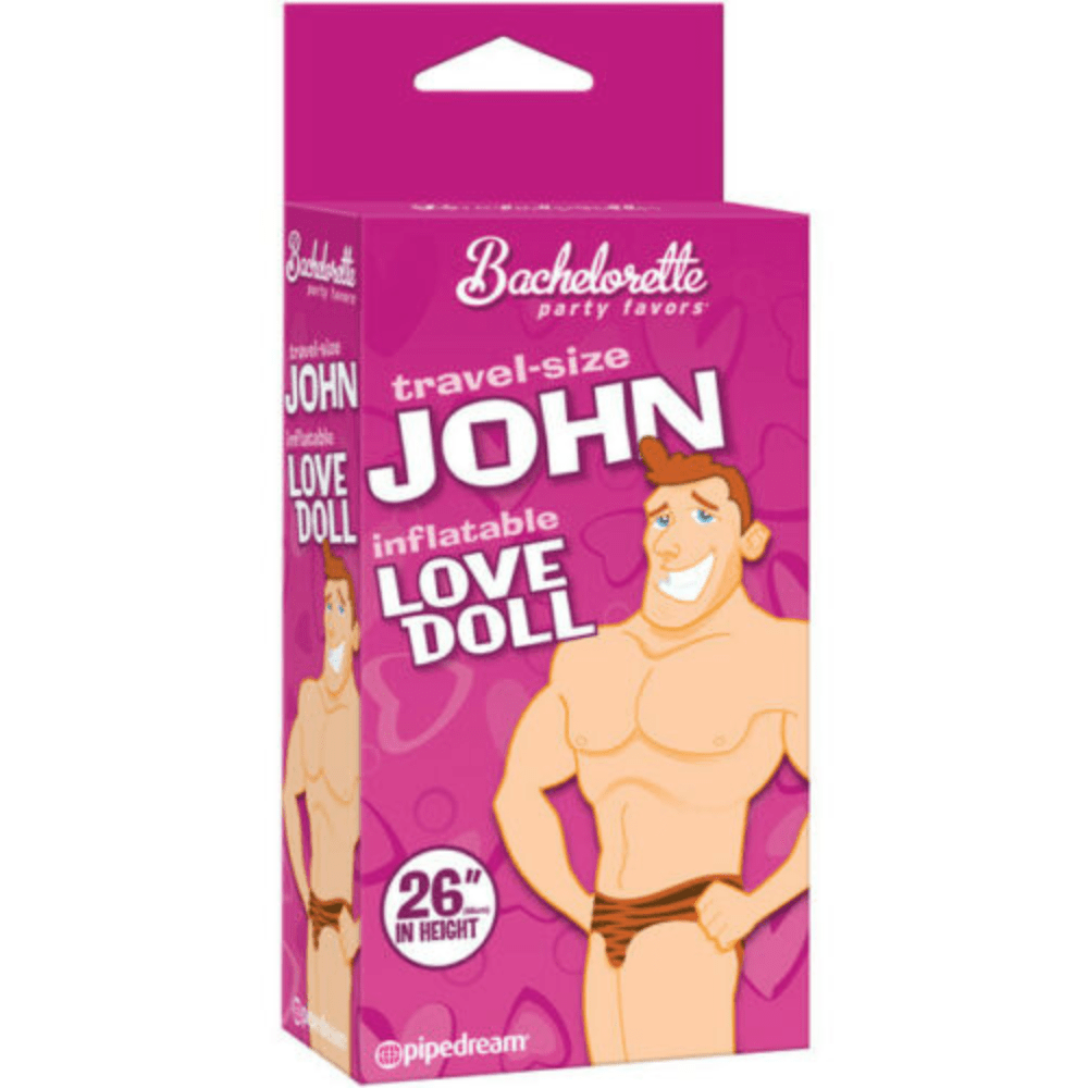 Image displays travel size john blow up doll in manufacturers  packaging. 