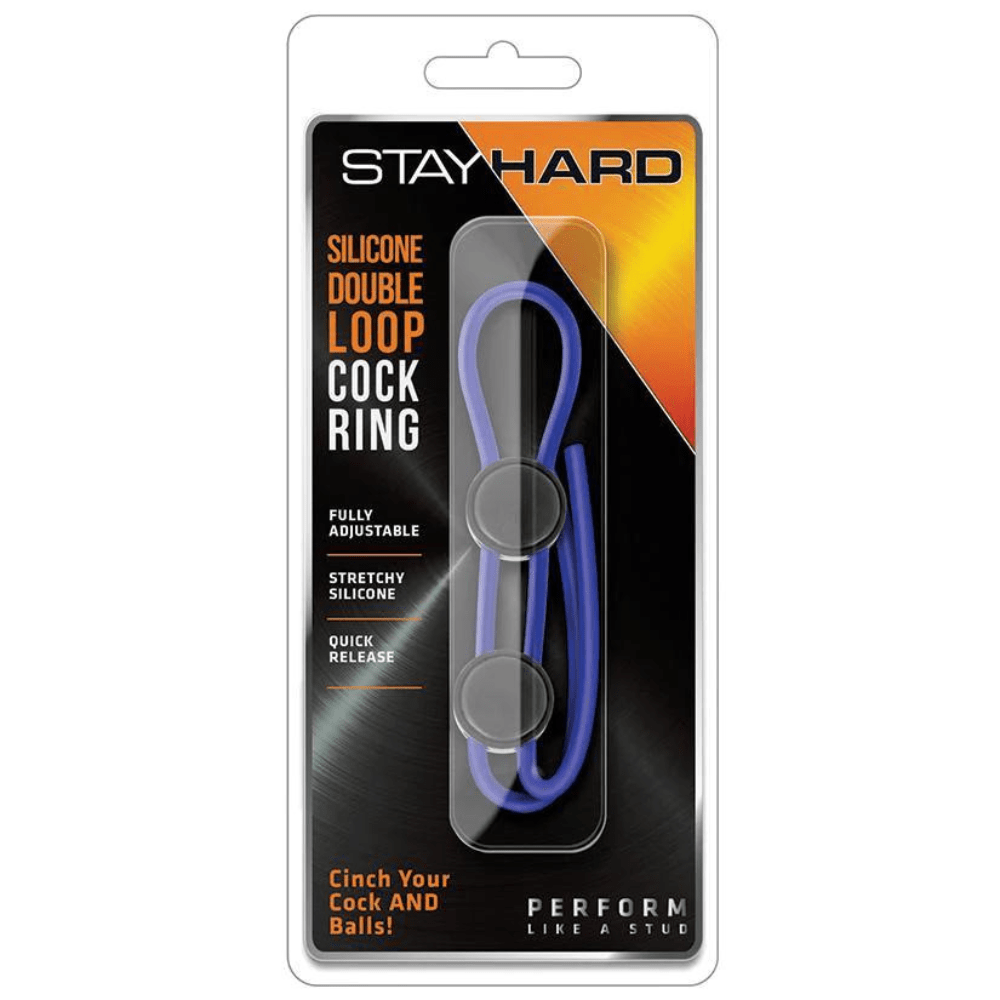 Image displays a stay hard silicone double loop cock ring in manufacturers packaging.