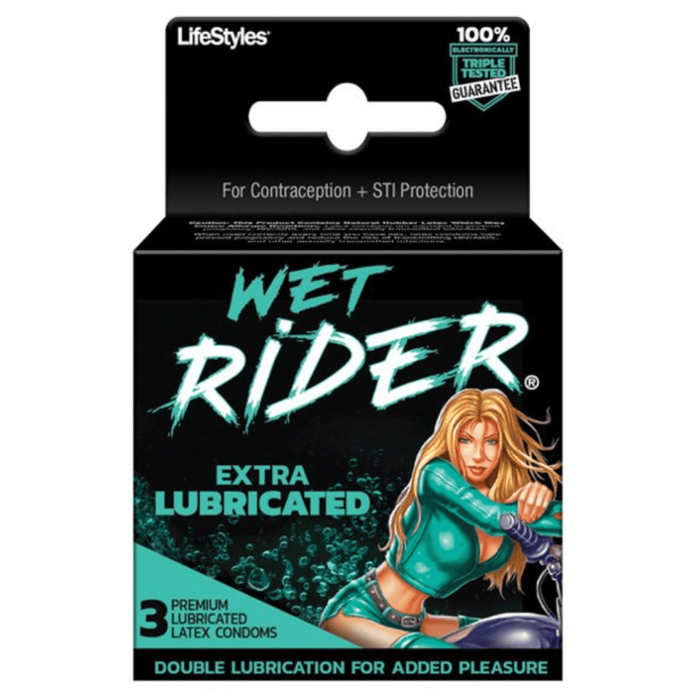 Image displays Wet Rider Lubricated Latex Condoms in manufacturers packaging.