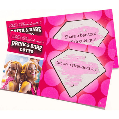 Image displays Bachelorette's Drink and Dare Lotto Game cards partially scratched off to reveal challenges.