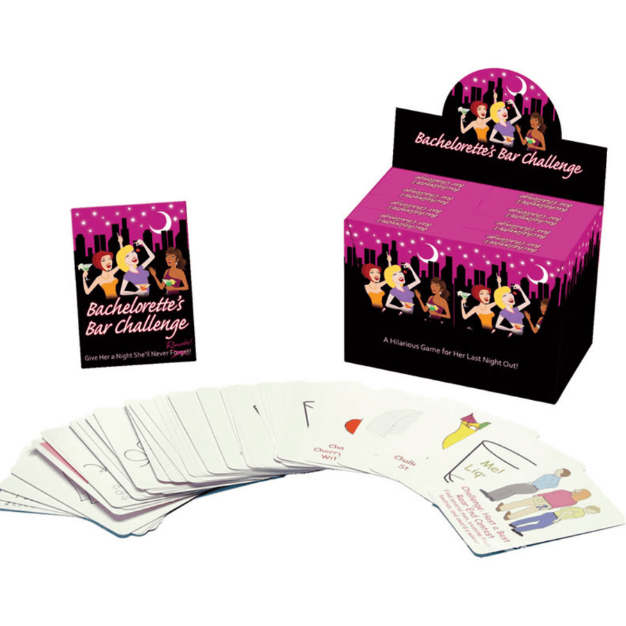 Image displays Bachelorette Bar Challenge Cards flat on a hard surface with manufacturers packaging displayed next to it.