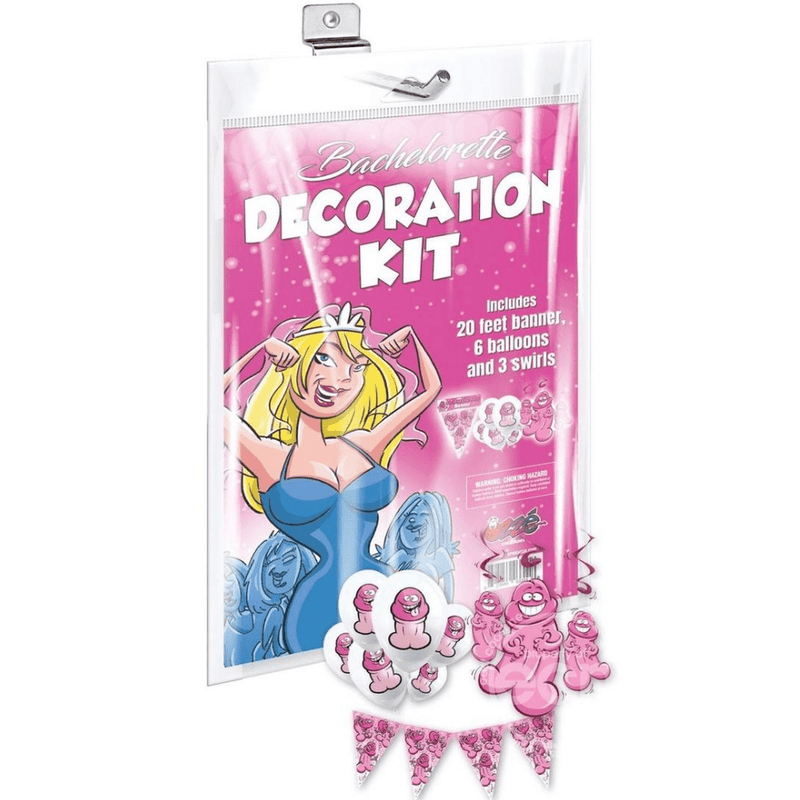 Image displays a bachelorette decoration with banner in manufacturers packaging.