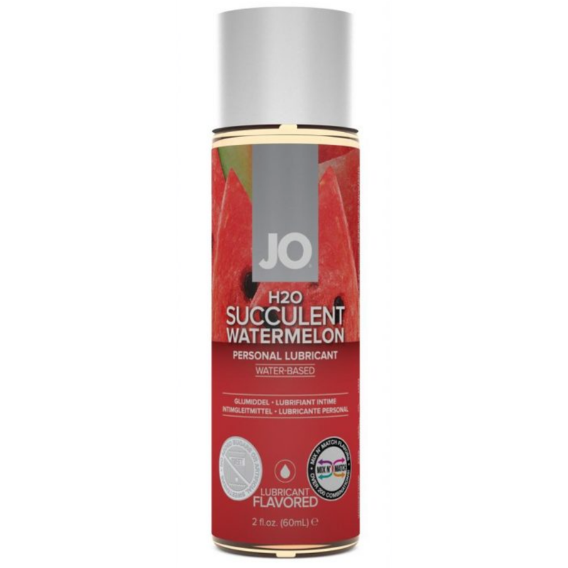Image of the 2 ounce watermelon flavored lube! This water-based lubricant does not have any artificial sweeteners and is 100% latex safe! Spice things up with this flavored lube today!