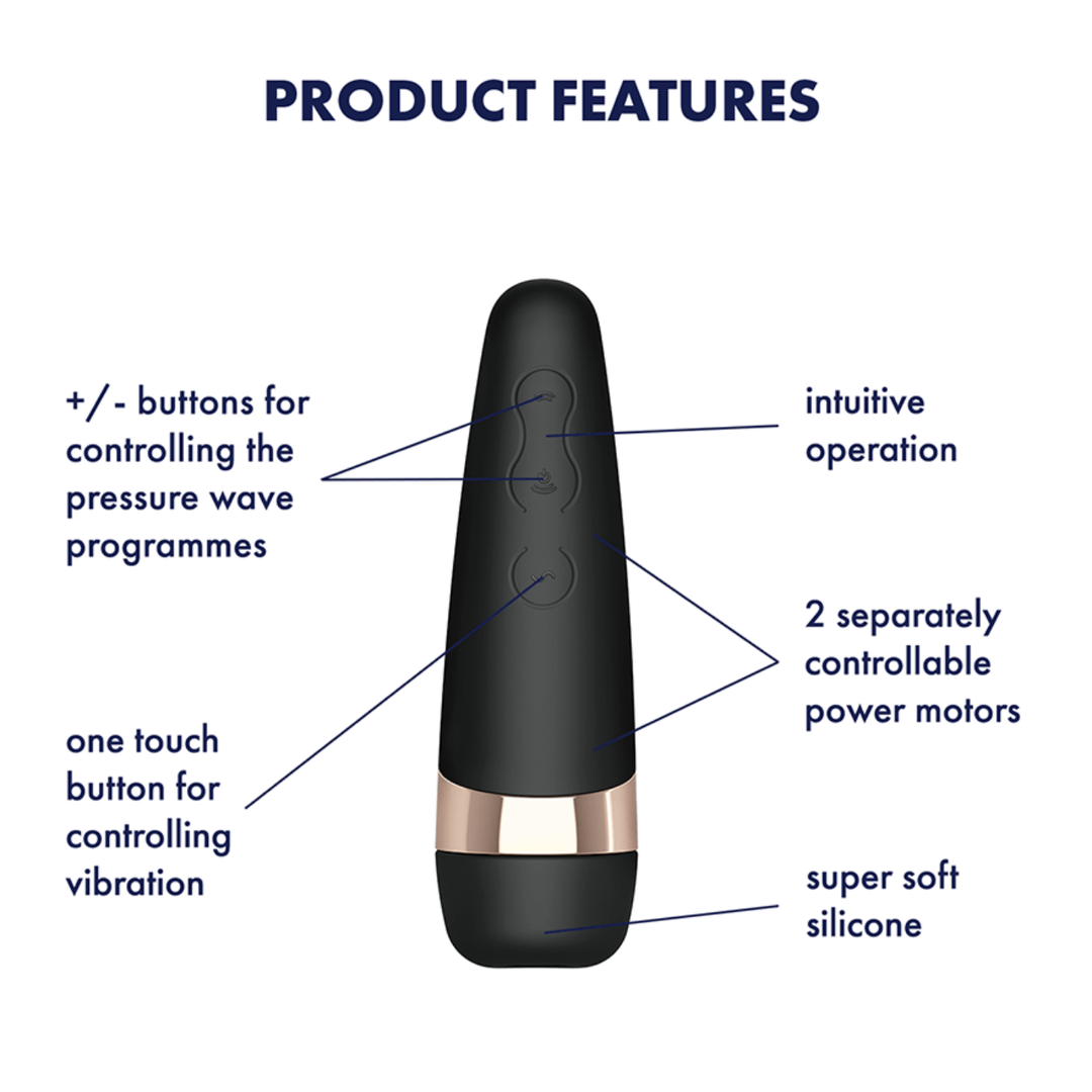 Product features. Includes plus minus buttons for controlling the pressure wave programmes, one touch button for controlling vibration, intuitive operation, two separately controllable power motors, and super soft silicone