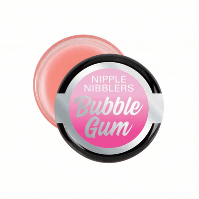Photo of nipple nibblers in bubble gum flavor with cover off. Use these nipple tingler balms on your clit or nipples to increase arousal and intensify sensations during foreplay & sex!