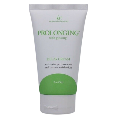 Image of the prolonging delay cream. Reads - Proloning with ginseng, Delay cream. Maximize performance and partner satisfaction.