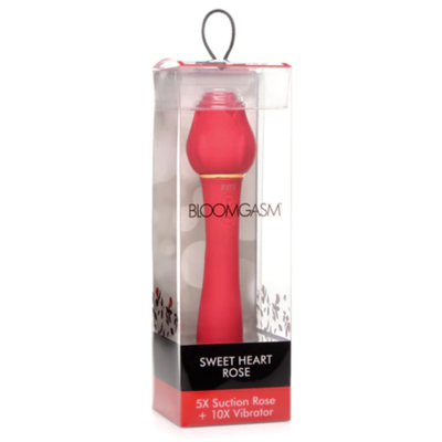 Image of the product packaging of the bloomgasm dual-ended rose wand vibrator. Packaging reads: Bloomgasm. Sweet heart rose. 5x suction rose + 10x vibrator.