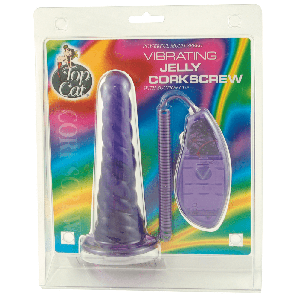 Image of the product packaging of the purple option. Packaging reads: Powerful multi-speed vibrating jelly corkscrew.
