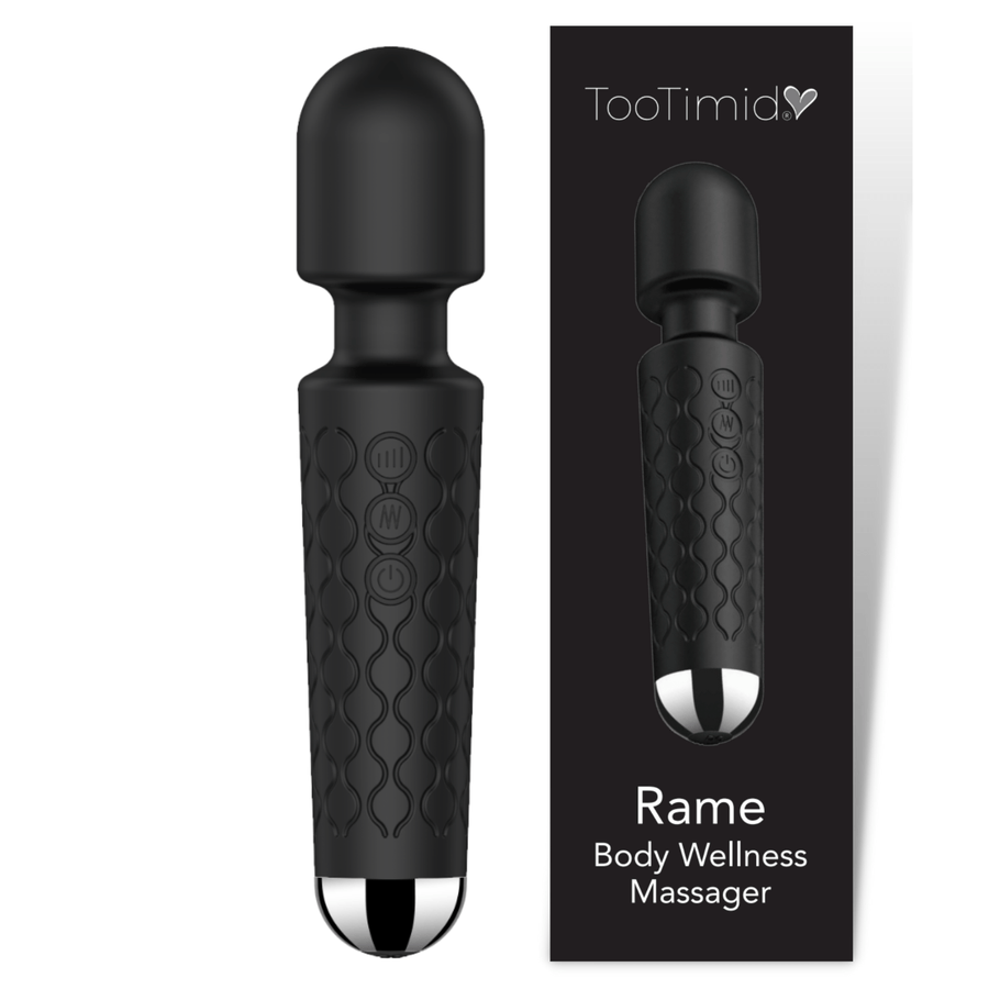 Rame wand massager with TooTimid black box packaging next to it