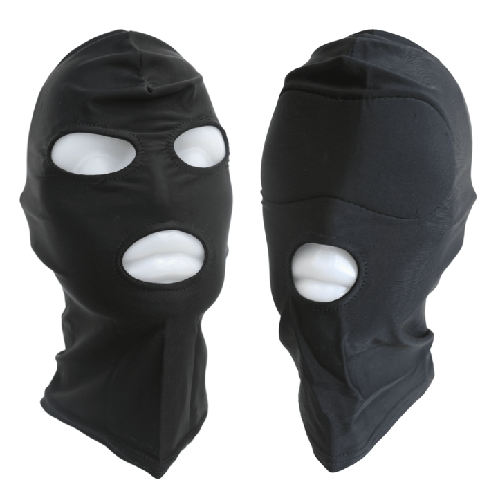 Image of both the open mouth and open mouth and eye bondage hoods.