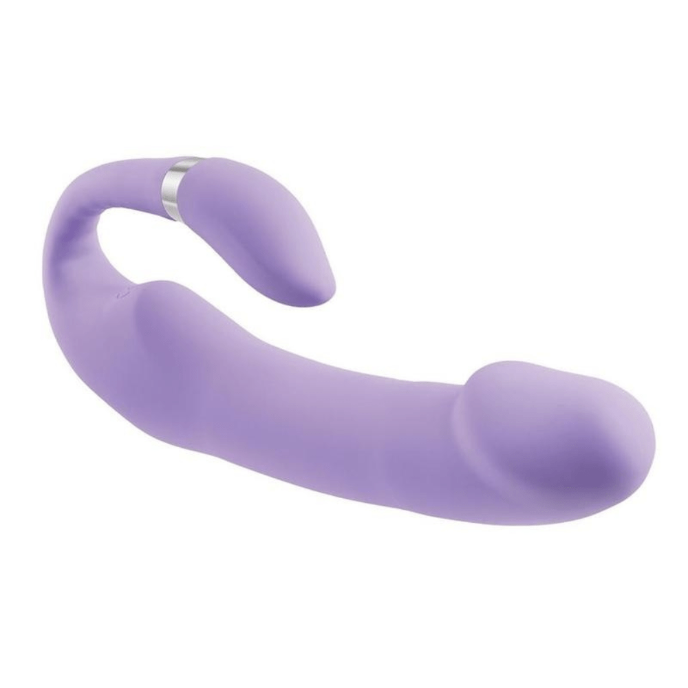 Image displays vibrator and clitoral stimulator lay on its back.