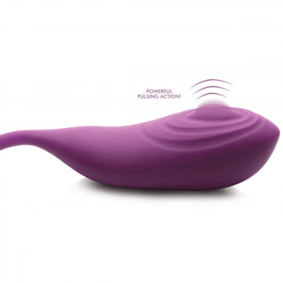 Images displays the clit stimulating head of Inmi Slim Pulse with text that reads "powerful pulsing action!"