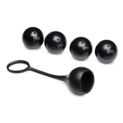 Image displays cock dangler penis strap and 4 weights.