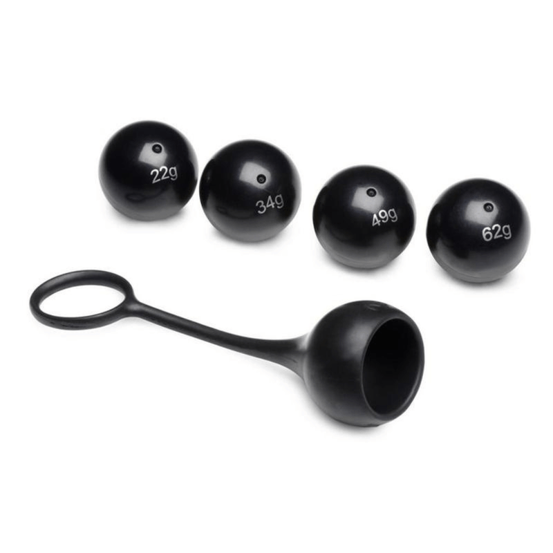 Image displays cock dangler penis strap and 4 weights.