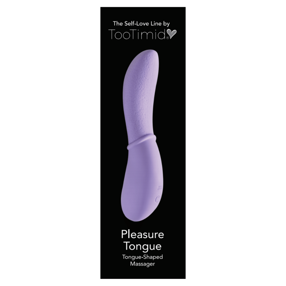 Image of the product packaging. Packaging reads: The self-love line by TooTimid. Pleasure tongue tongue-shaped massager.