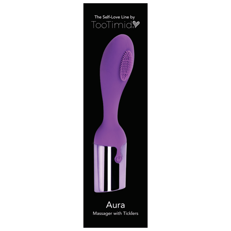 Image of the product packaging. Packaging reads: The self-love line by TooTimid. Aura Massager with ticklers.