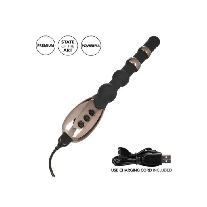 Image displays electro-beads wand plugged in with image of USB charger and graphics that state: premium, sate of the art, and powerful.