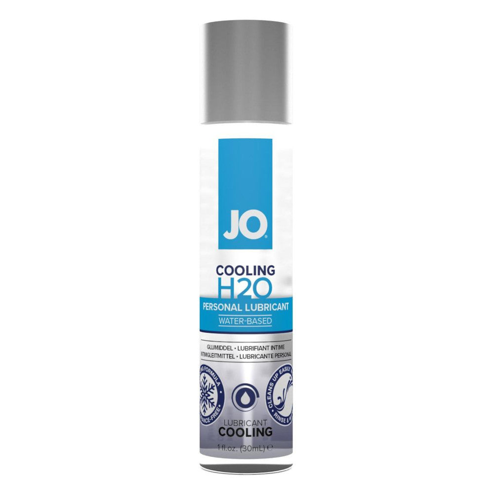 Image of the Jo H2O Cooling Lubricant. Packaging reads Jo Cooling H2O Personal Lubricant, water-based, lubricant cooling, 1 fl. oz. (30 ml)