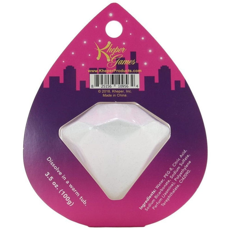 Image of the packaging for the Diamond Bath Bomb Jasmine Scented. Text reads Kheper Games, Dissolve in a warm tub. 3.5 oz (100g)
